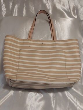 Kate Spade Striped Beige & White Leather Tote Bag